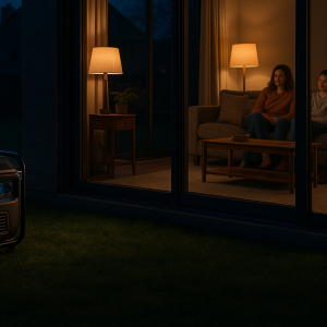 خانواده‌ای در آرامش هنگام قطعی برق با استفاده از موتور برق که طبق راهنمای خرید انتخاب شده است