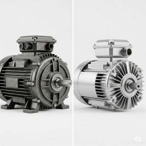 مقایسه یک الکتروموتور صنعتی با پوسته چدنی در کنار یک الکتروموتور با پوسته آلومینیومی