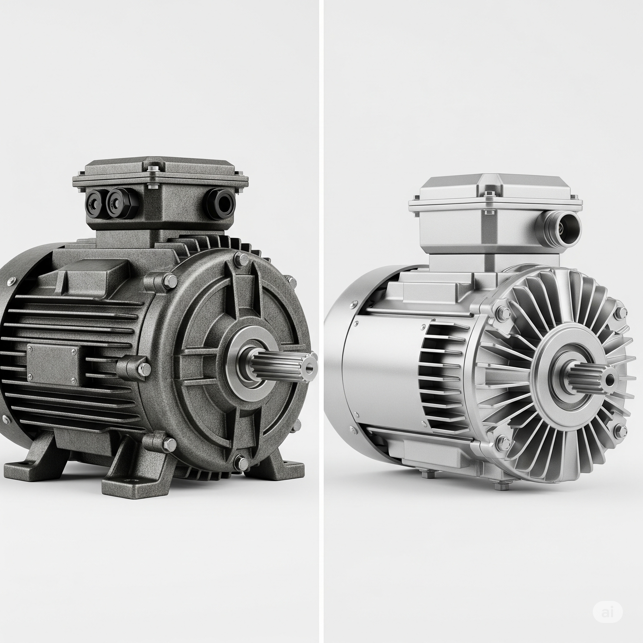 مقایسه یک الکتروموتور صنعتی با پوسته چدنی در کنار یک الکتروموتور با پوسته آلومینیومی